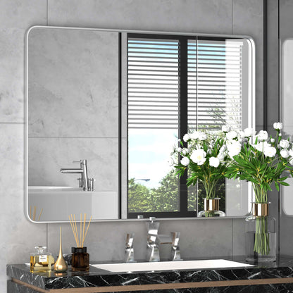 DECTOU Silver Iron Rectangular Wall Mirror, Wall-Mounted Setup in Bathroom Space