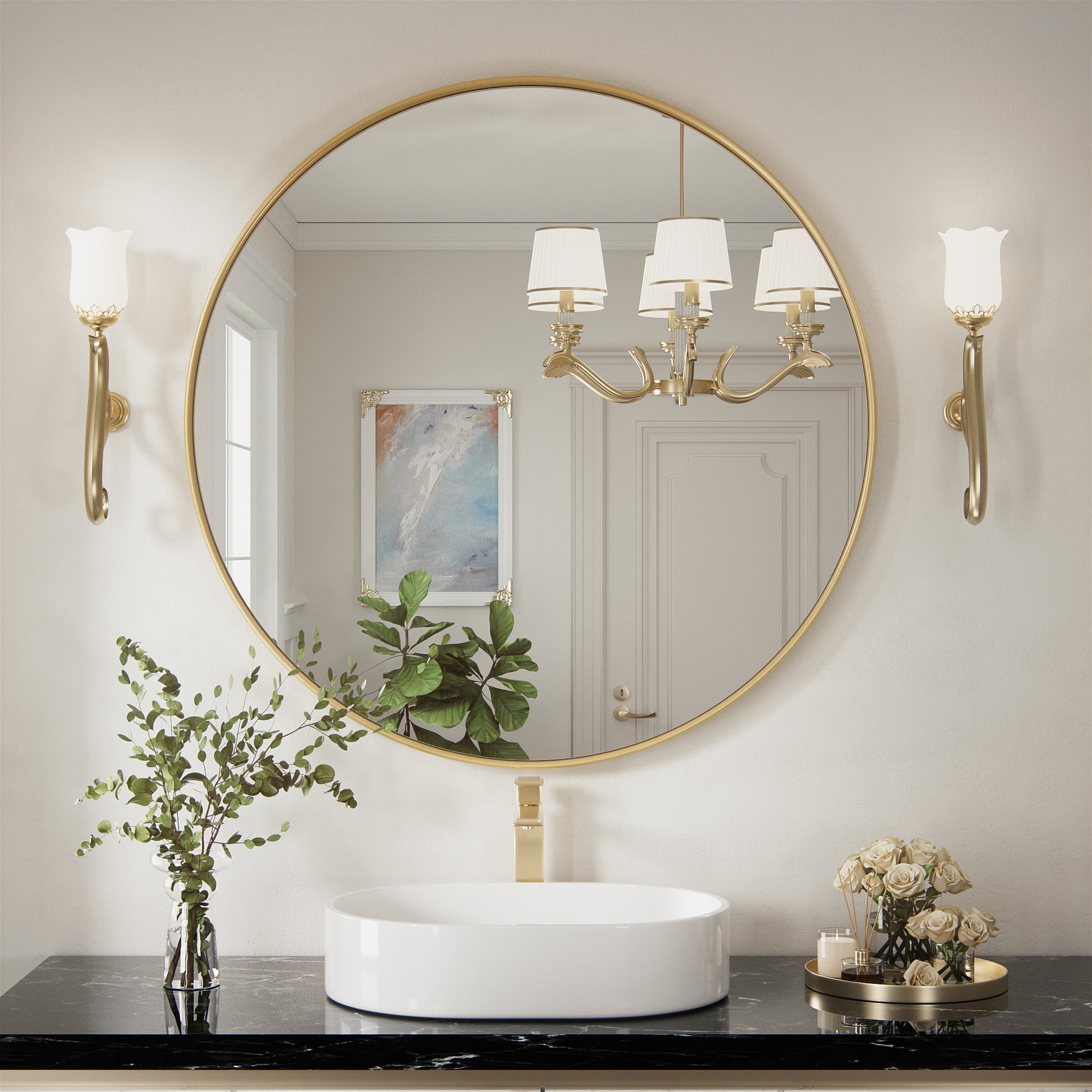 DECTOU Gold Iron Frame Round Wall Mirror, Premium Material & Modern Elegant Decor, Wall-Mounted for Bathroom