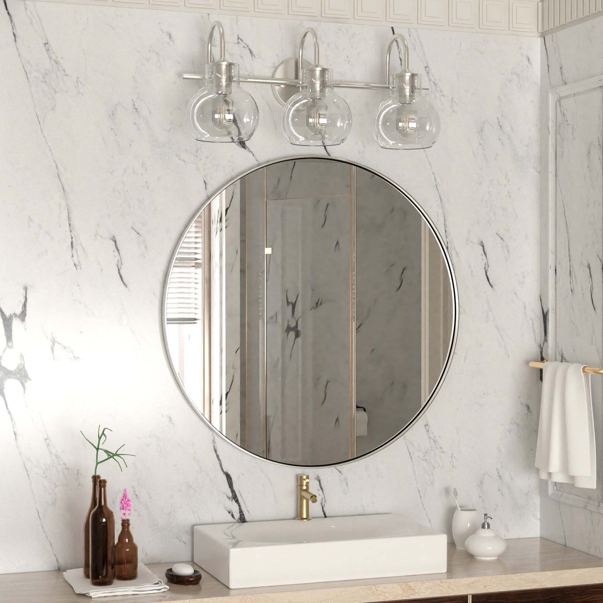 Three Lights of DECTOU Silver Gourd Glass Shade Vanity Light, Setup in Bathroom Space