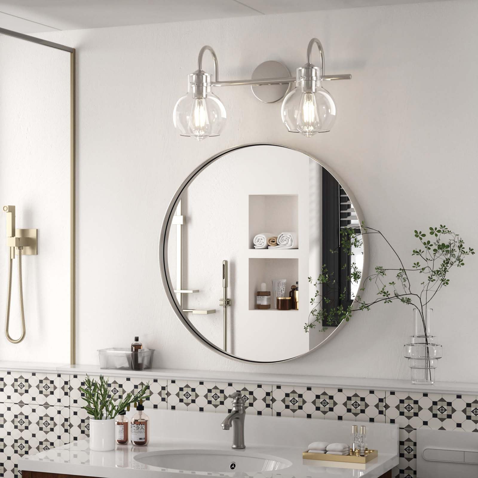 Two Lights of DECOTU Silver Gourd Glass Shade Vanity Light, Setup in Bathroom Space